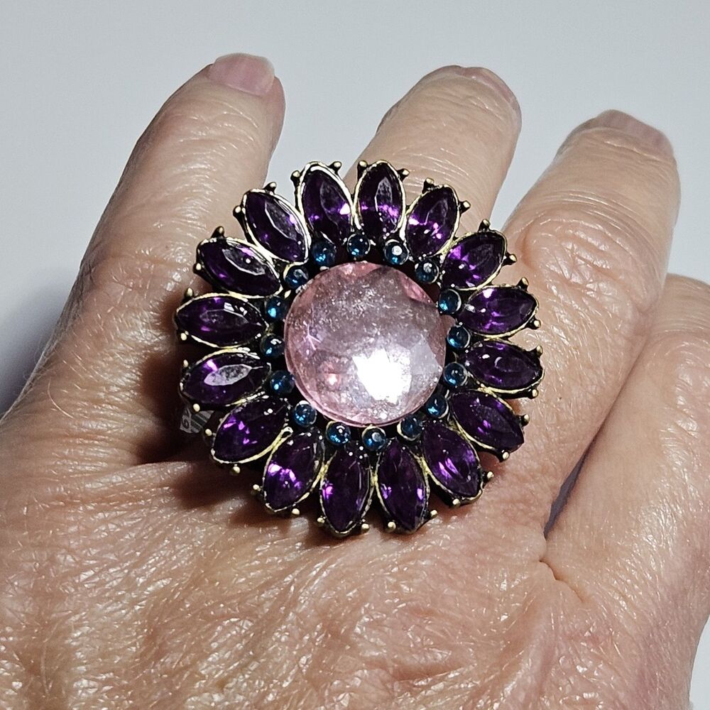 Gold Tone Pink Purple Blue Rhinestone Flower Stretch Ring